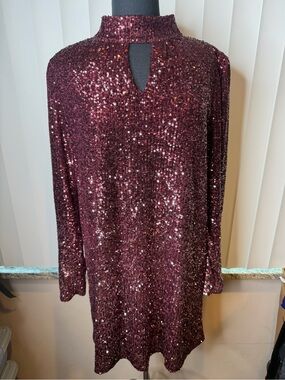 Cable & Gauge Burgundy Sequined  Women's Sequin Mock Neck Shift Dress Size XL